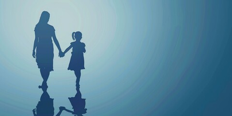 A woman and a child are walking together. The woman is holding the child's hand. Concept of warmth and love between the two