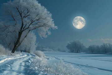 A snow covered field with a solitary tree standing beneath a bright full moon, A peaceful snowy landscape under a sharp, silver moonlight, AI Generated