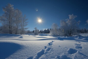 A photograph showcasing a winter landscape with a field blanketed in snow and a full moon shining brightly in the night sky, A peaceful snowy landscape under a sharp, silver moonlight, AI Generated