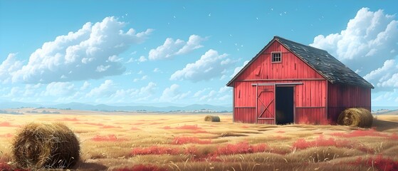 Farm-themed cartoon barn design featuring straw bales and hay piles. Concept Cartoon Barn Design, Farm Theme, Straw Bales, Hay Piles, Colorful Illustration, - obrazy, fototapety, plakaty