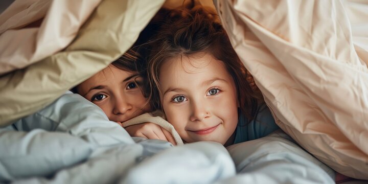 Two young girls are cuddling under a blanket, one of them smiling. Concept of warmth and comfort, as the girls are enjoying each other's company in a cozy setting