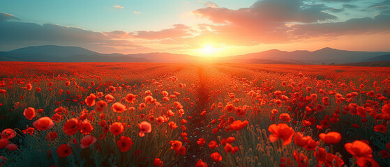 a field of red flowers with the sun setting in the background - Powered by Adobe
