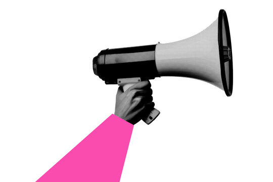 Trendy hand holding a loud speaker megaphone, cutout hand halftone design element