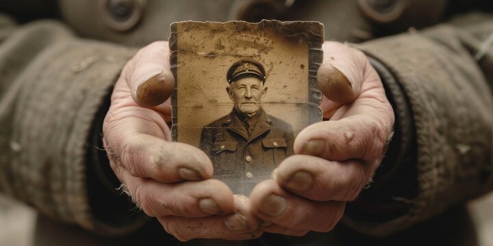 A man holds a picture of a soldier in his hands. The soldier is wearing a uniform and he is a veteran. The man's hands are dirty and calloused, suggesting that he has been working hard