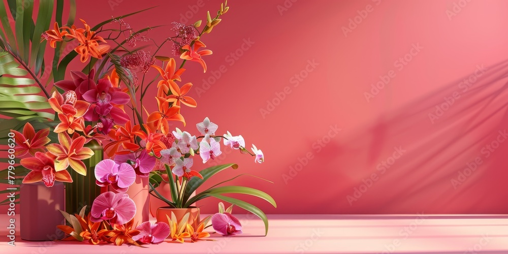 Poster a wall with a red background and a bunch of flowers in a vase. the flowers are of different colors a