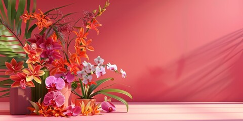 A wall with a red background and a bunch of flowers in a vase. The flowers are of different colors and sizes, and they are arranged in a way that creates a sense of balance and harmony