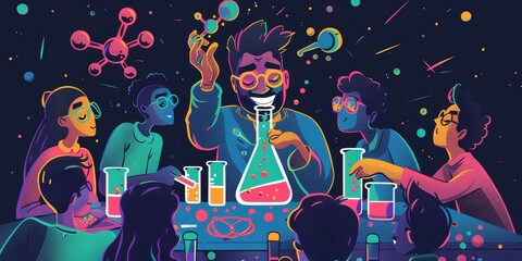 A group of people are sitting around a table with beakers and test tubes. The man in the center is wearing glasses and he is conducting an experiment. Scene is scientific and collaborative