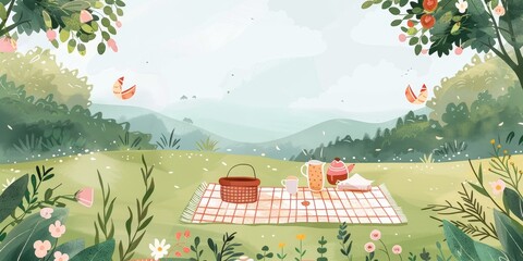 A painting of a picnic scene with a basket of food and a tea set. The mood of the painting is peaceful and relaxing
