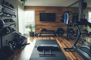 Fototapeta na wymiar A fully-equipped home gym featuring treadmills and a variety of exercise equipment for a complete workout, A personal home gym with essential workout gear, AI Generated