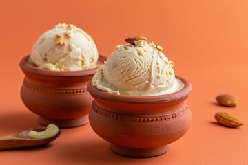 Traditional Indian kulfi ice cream with nuts served in clay pots on an orange background - obrazy, fototapety, plakaty