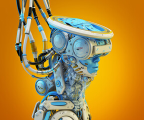 Synthetic Savior: The Cyborg Medic, Veiled in Blue Skin with Hi-tech Halo, Against a Radiant Orange Canvas