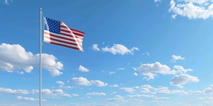 A large American flag is flying in the sky. The sky is mostly blue with some clouds scattered throughout. The flag is waving in the wind, giving the image a sense of freedom and patriotism