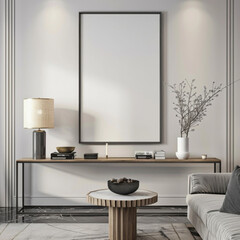 Mockup poster frame on the wall of living room. Luxurious apartment background with contemporary design. Modern interior design. 3D render 