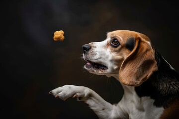 Tricolor Beagle dog catches treat in studio with dark background focusing on canine theme