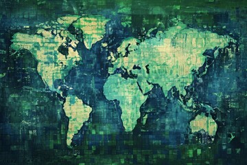 A detailed painting featuring a world map depicted on a wall, showcasing continents, countries, and geographical features, A pixelated world map created entirely from binary code, AI Generated