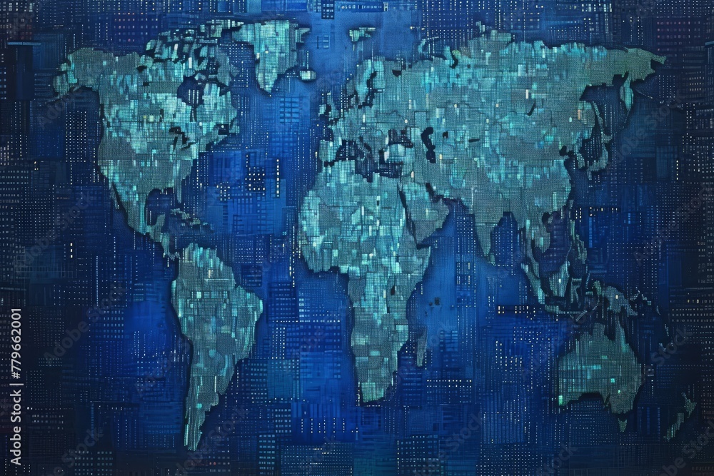 Poster a visually striking image of a map of the world displayed on a blue background, a pixelated world ma