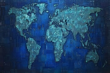 A visually striking image of a map of the world displayed on a blue background, A pixelated world map created entirely from binary code, AI Generated