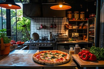 A delicious pizza sits on a wooden cutting board, ready to be enjoyed, A pizza restaurant kitchen...