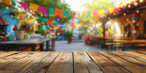 Tabla de madera vieja  vacia para productos comerciales, de un restaurante mexicano al aire libre, con mesas de madera y fondo decorado para una fiesta Mexicana, concepto fondos fiesta del 5 de mayo