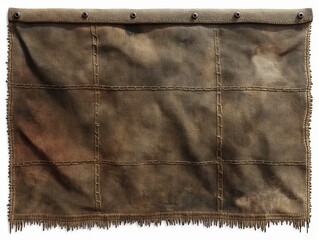 A piece of cloth with a brown color and a pattern of squares. The cloth is frayed and has a worn look