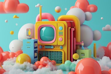 A yellow television stands amidst fluffy clouds and colorful balloons, A playful rendition of a NAS system in a vibrant, child-like style, AI Generated