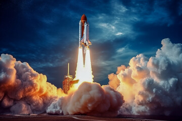 Space Shuttle Launching into the Night Sky. Generative AI - obrazy, fototapety, plakaty