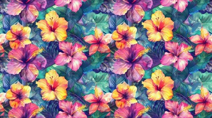 Fototapeta na wymiar Tropical hibiscus and plumeria, bright and bold colors, watercolor