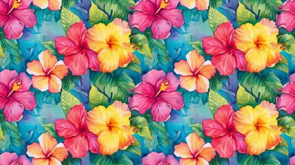 Tropical hibiscus and plumeria, bright and bold colors, watercolor - obrazy, fototapety, plakaty