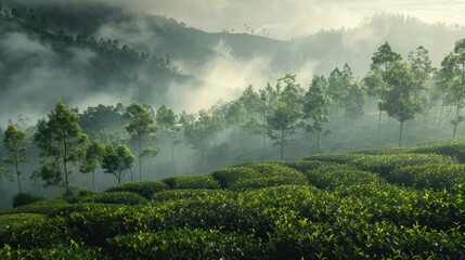 Misty Morning Over Lush Green Tea Plantation Hills