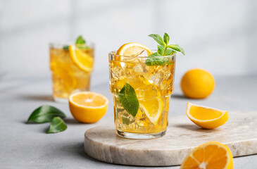 Two glasses with iced drink with lemon and mint  on a marble board on a light background with shadow and citrus fruits.