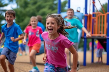 A lively group of children engaged in energetic running and play on a colorful playground, A playground filled with children playing and laughing, AI Generated