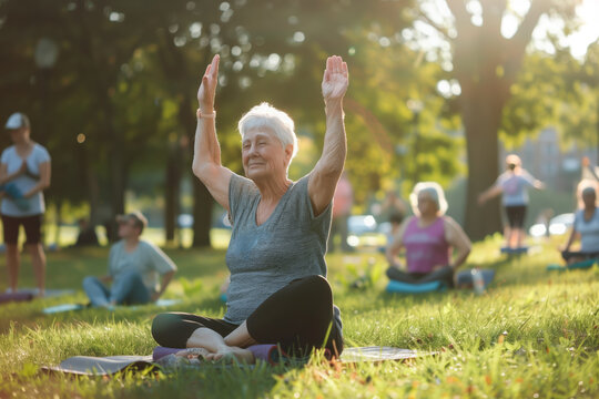 Outdoor fitness program for seniors,gentle exercises and yoga sessions