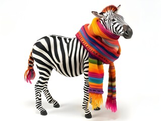 Artfully Knitted Zebra Wrapping Itself in a Vibrant Multicolored Scarf on a Pristine White Background