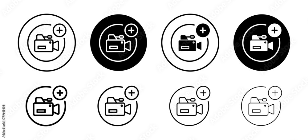 Poster add video file recording as attachment button icon. broadcast cinema clip media online symbol.