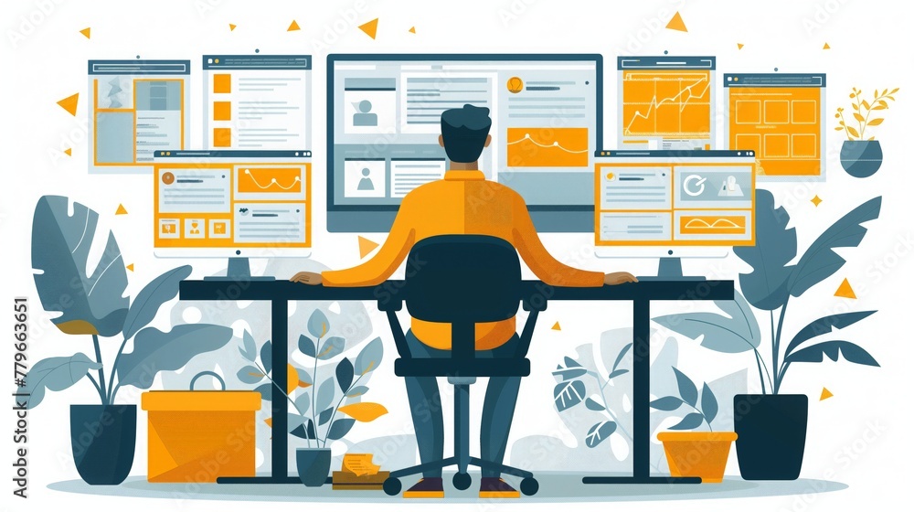 Poster man sitting at desk working on computer