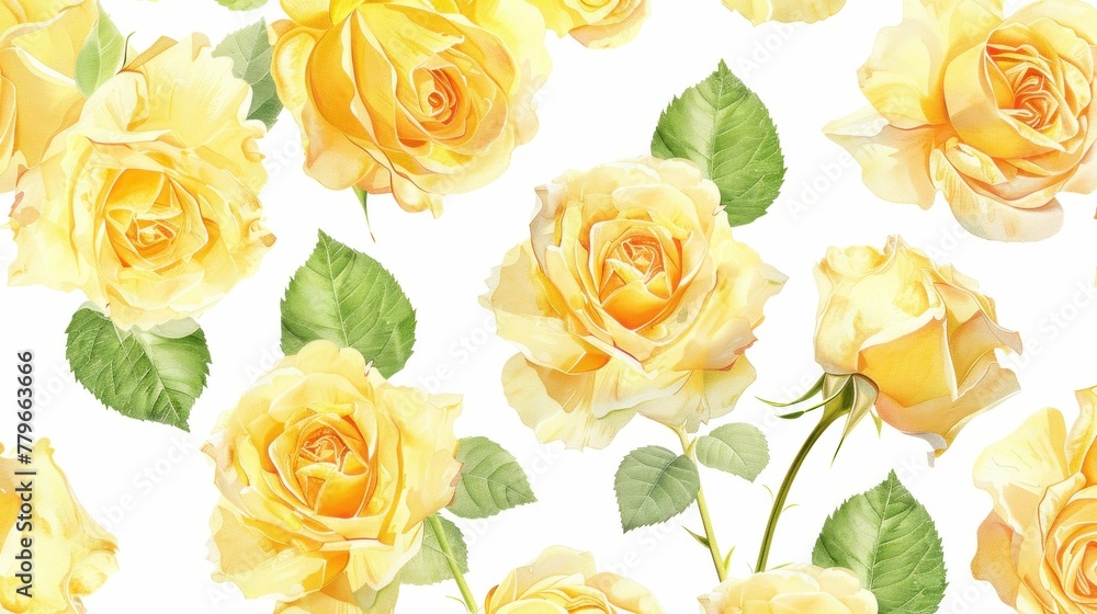 Wall mural yellow rose and green leaf seamless pattern on white background illustration