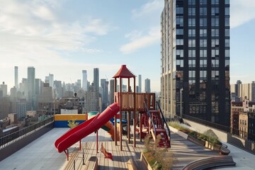 Childrens Play Area on Top of a Building, A playground on an urban rooftop towering over the city, AI Generated