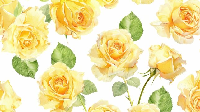 Yellow Rose and Green Leaf Seamless Pattern on White Background Illustration