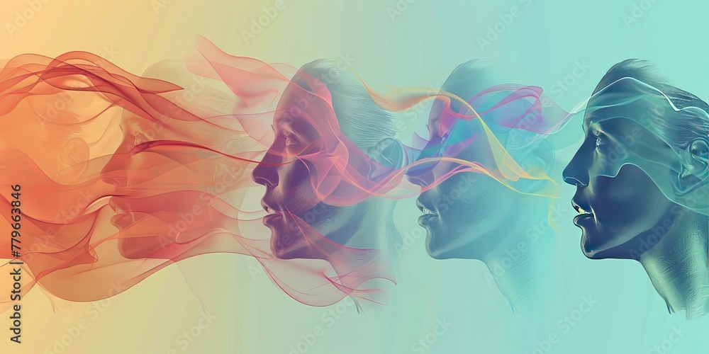 Poster a colorful image of four faces with a blue face in the middle. the faces are blurred and the backgro