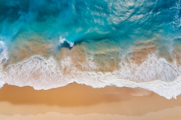 Fototapeta na wymiar Aerial View of Turquoise Ocean Waves Meeting Sandy Beach. Generative AI