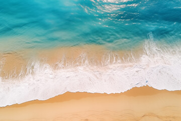 Aerial View of Turquoise Ocean Waves Meeting Sandy Beach. Generative AI