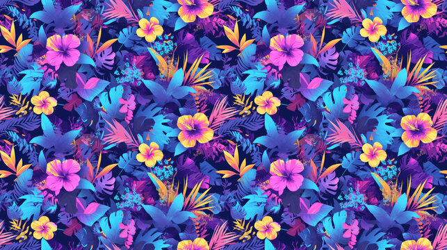 Neon jungle florals, bright tropical flowers in seamless wilderness,