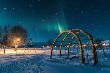 A swing set covered in snow stands beneath the vibrant aurora lights in a winter landscape, A playground under the magical aurora borealis light, AI Generated - Powered by Adobe