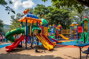 A lively and colorful play area filled with children enjoying various activities in a park, A playground teeming with laughing children, colorful toys, slides, and swings, AI Generated - Powered by Adobe