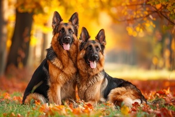 Two German Shepherds sitting on green grass in autumn