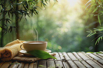 A cup of bamboo leaf tea on a wooden table on a nature background, a big copy space