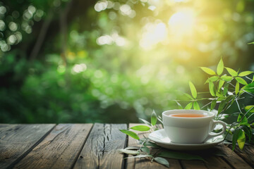 A cup of bamboo leaf tea on a wooden table on a nature background, a big copy space
