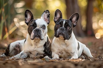 Two piebald French bulldogs resting at off leash park in Northern California - Powered by Adobe