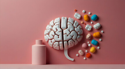 Medical concept with paper brain cut out and vitamins pills, capsules on pink background.generative.ai