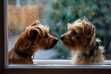 Two terriers waiting for a rainy walk at home